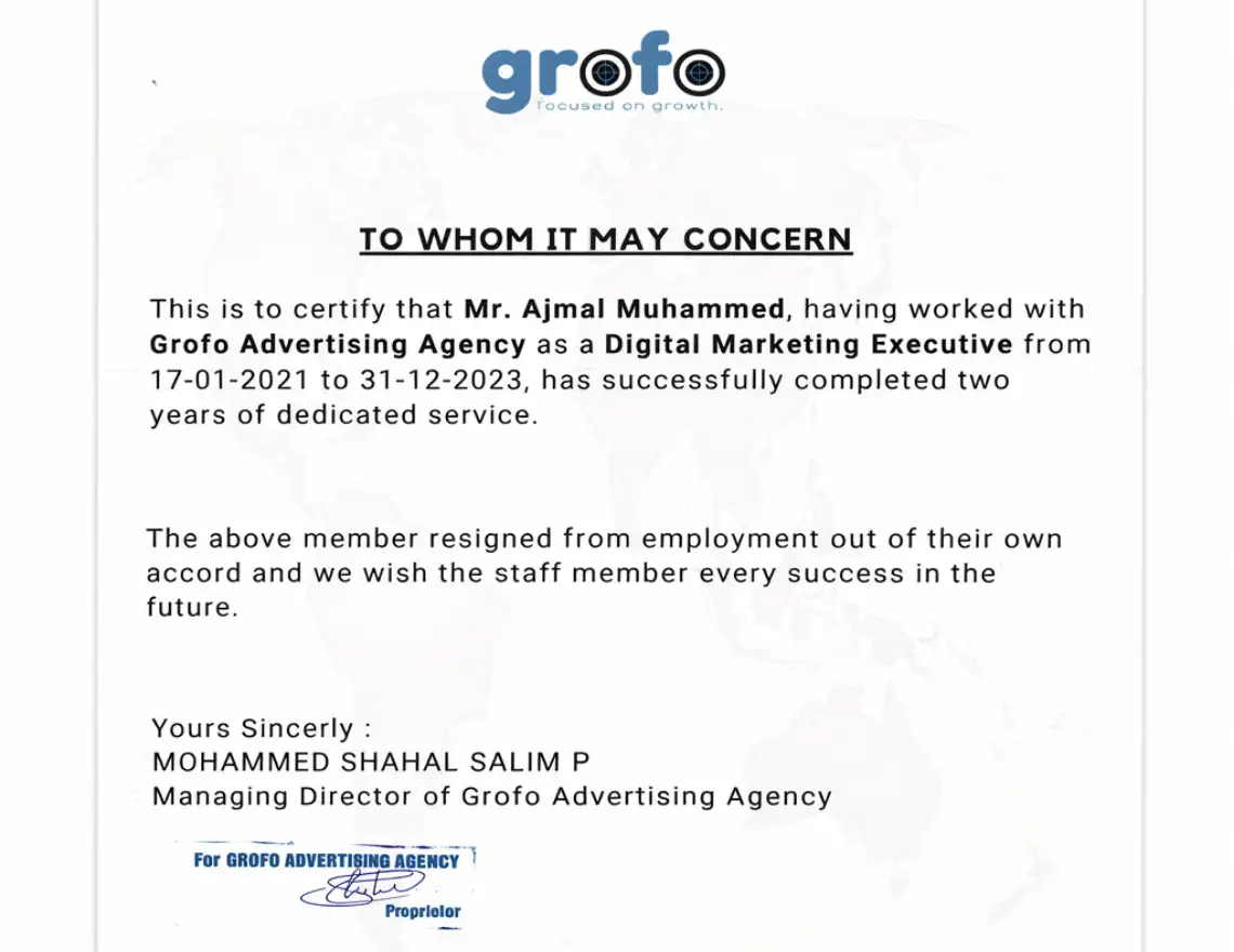 Grofo Advertising Agency Experience Certificate
