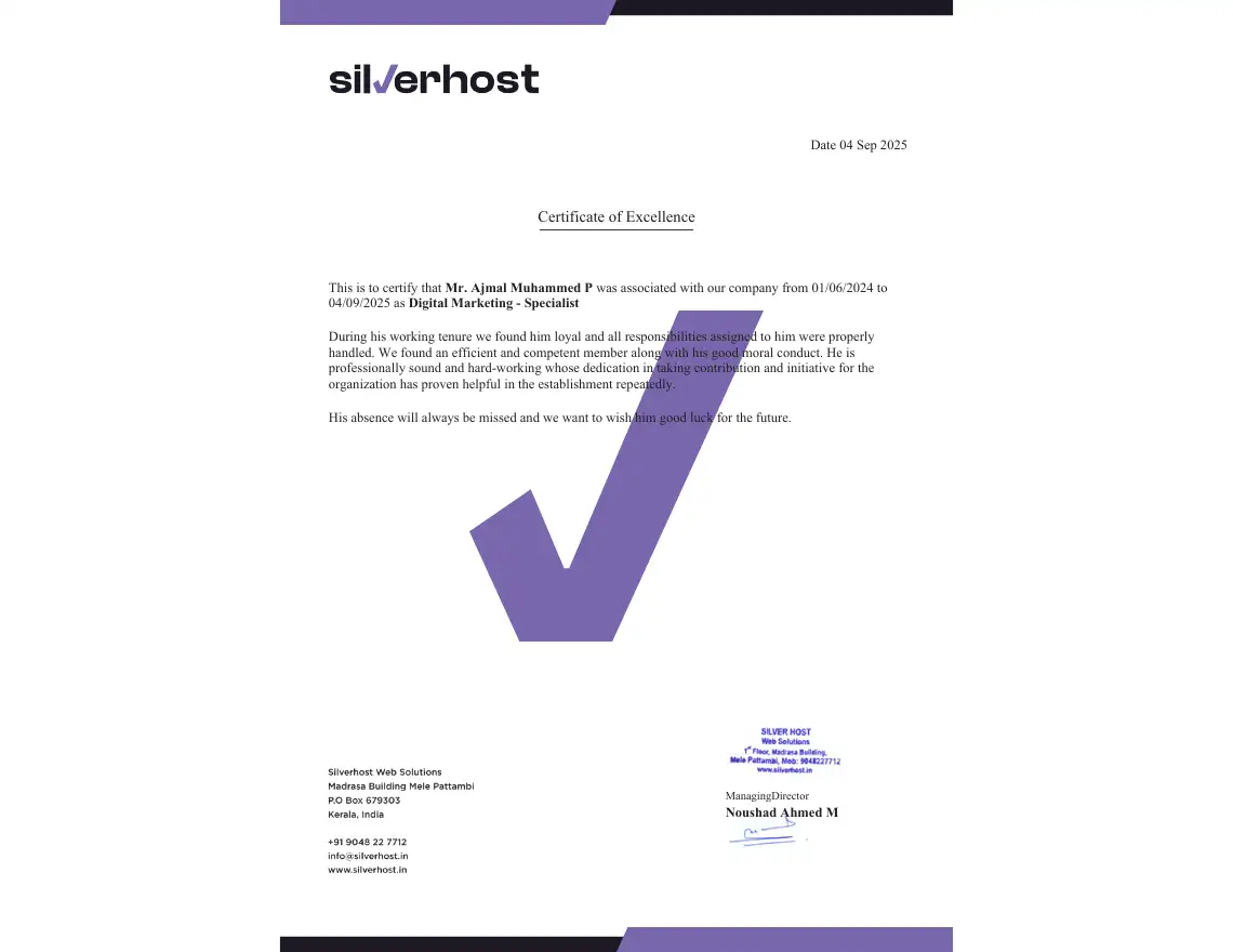 SilverHost Experience Certificate