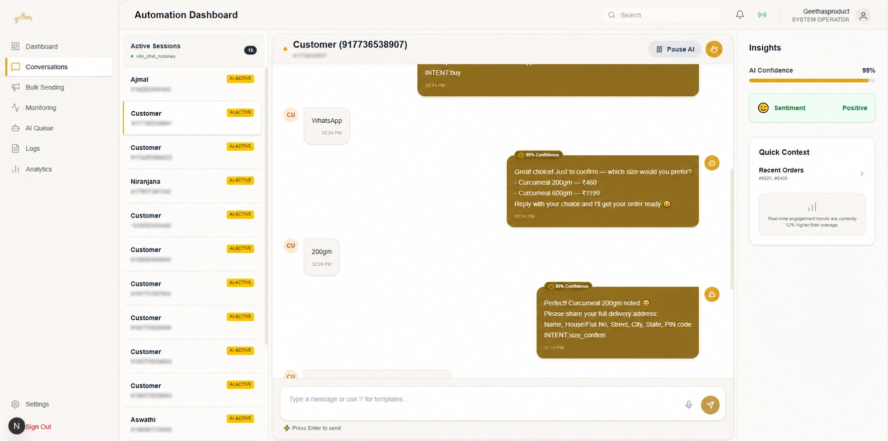 n8n workflow visualization showing complete automation flow from message ingestion to order confirmation