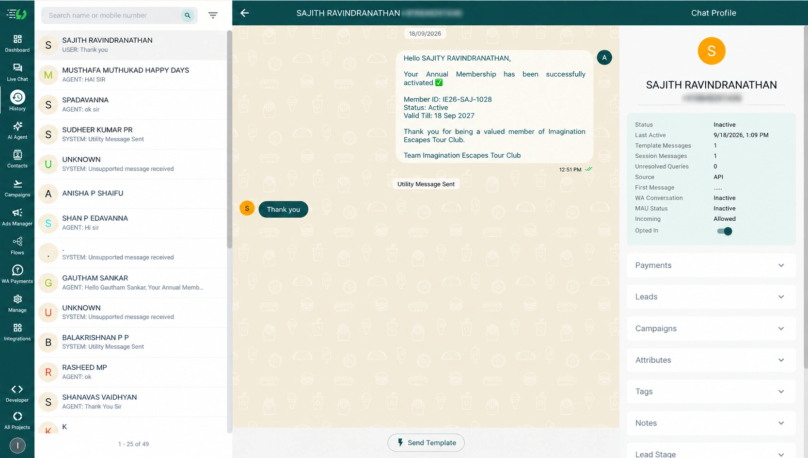 AiSensy WhatsApp confirmation message showing an auto-generated Imagination Escapes member ID