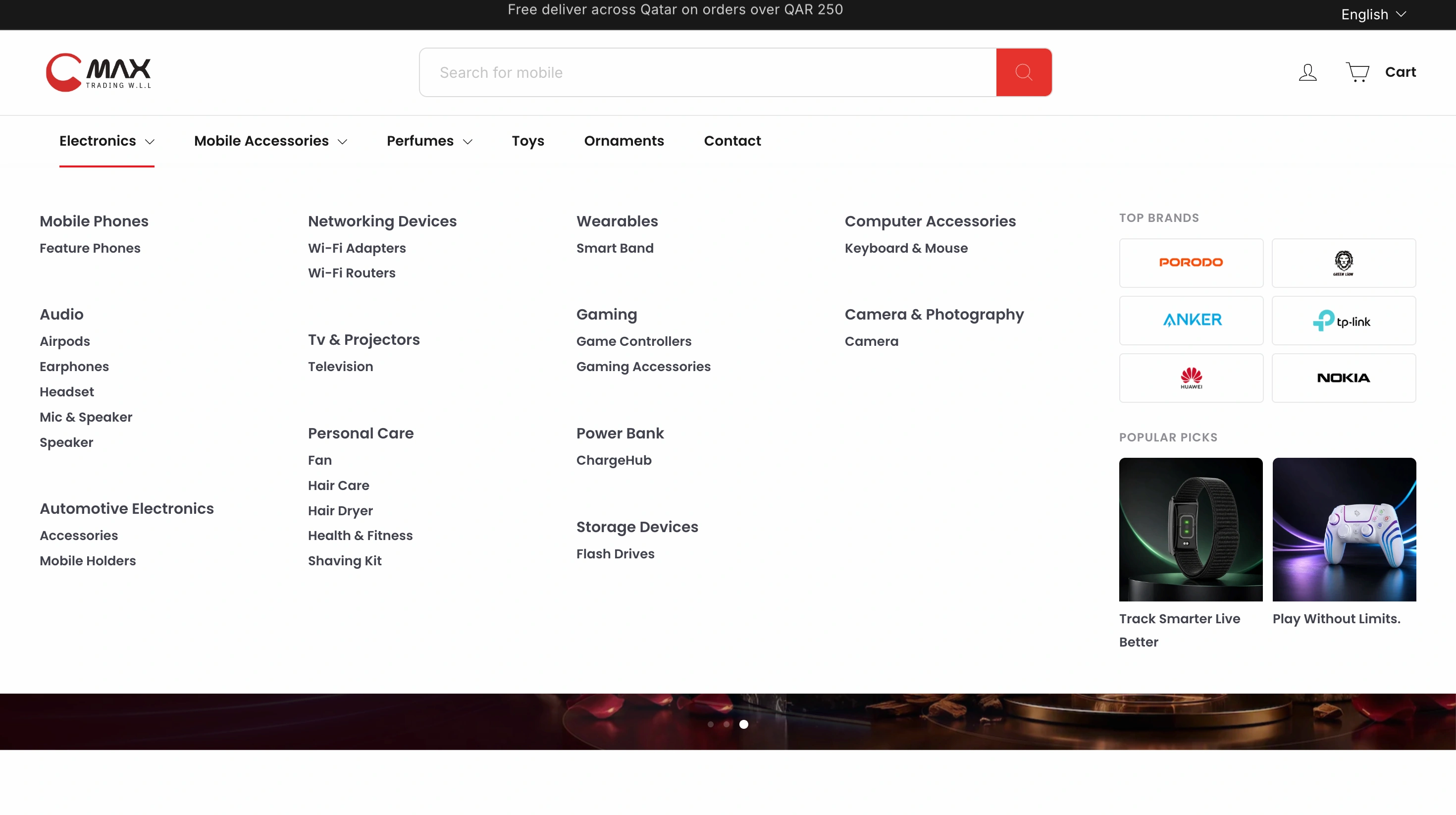 CMAX Trading mega menu showing metaobject-driven brand logo grid and banner tiles per category