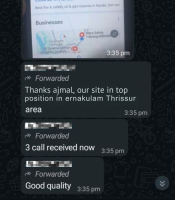 Kerala client testimonial — website ranked #1 in Ernakulam and Thrissur search results